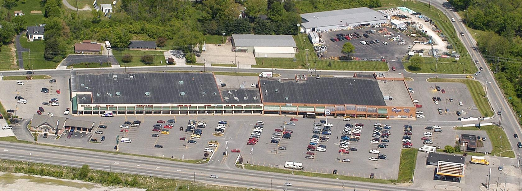 Aerial view of Dearborn Shopping Center in Lawrenceburg, Indiana, owned and managed by The Leathery Company.