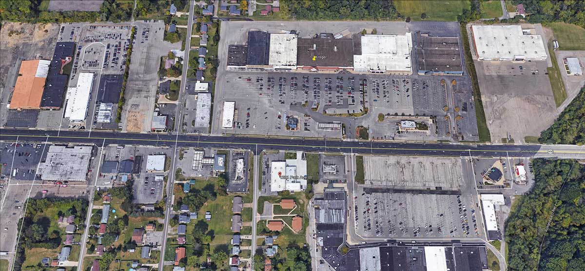 Aerial view of business properties in Mansfield, Ohio.
